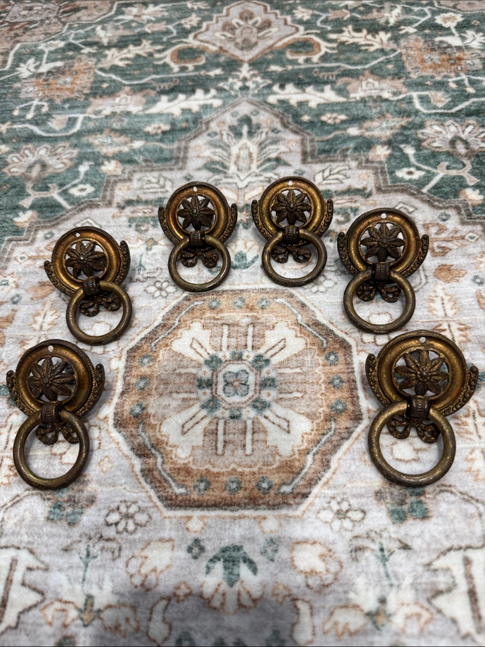 “Set of 6 Vintage Ornate Drop Ring Drawer Pulls Floral Brass Furniture Hardware”